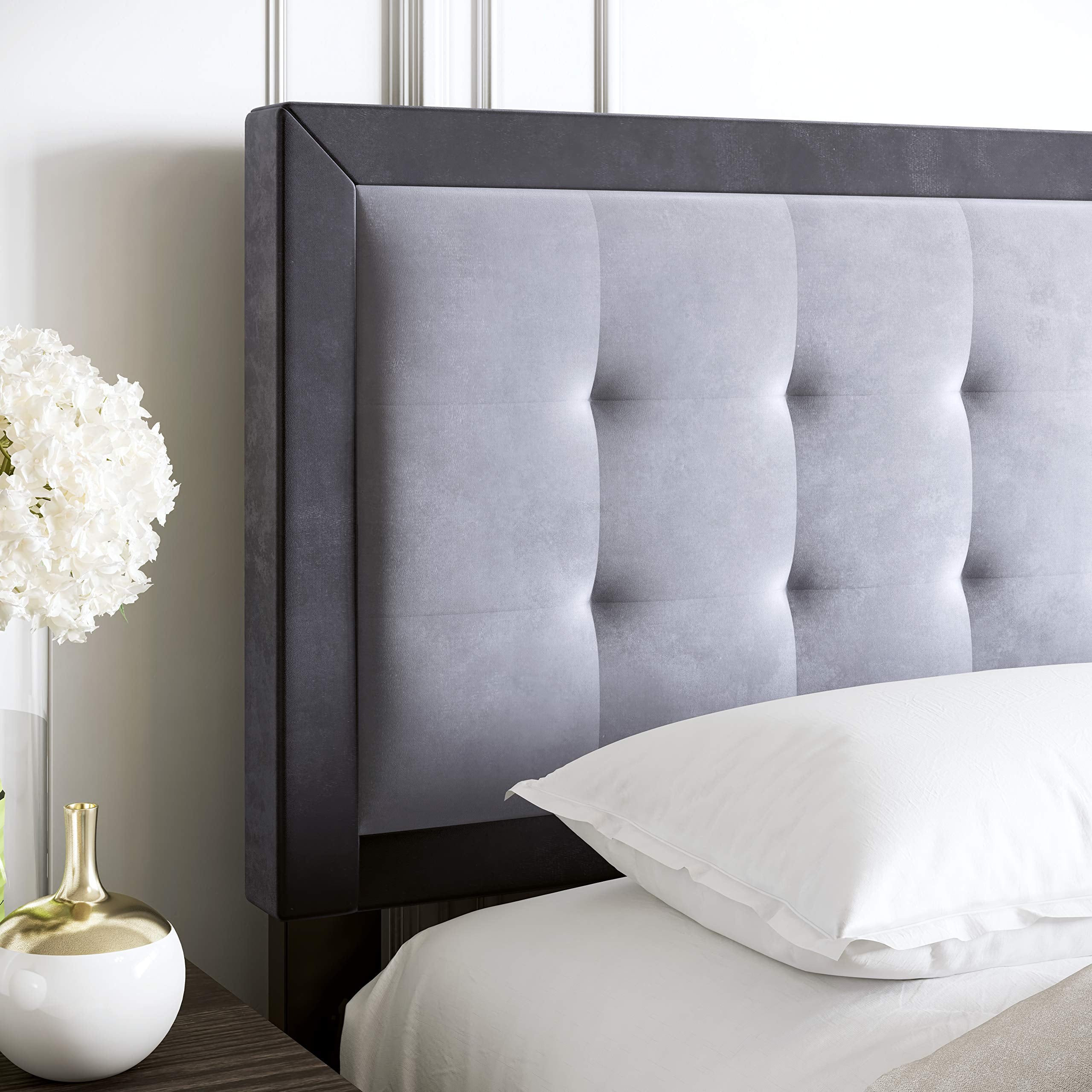 Boyd Sleep Pisa Upholstered Button Tufted Platform Bed Frame Mattress Foundation With Headboard And Strong Wood Slat Supports: Velour, Grey/Charcoal, Full (Psgr965Db)